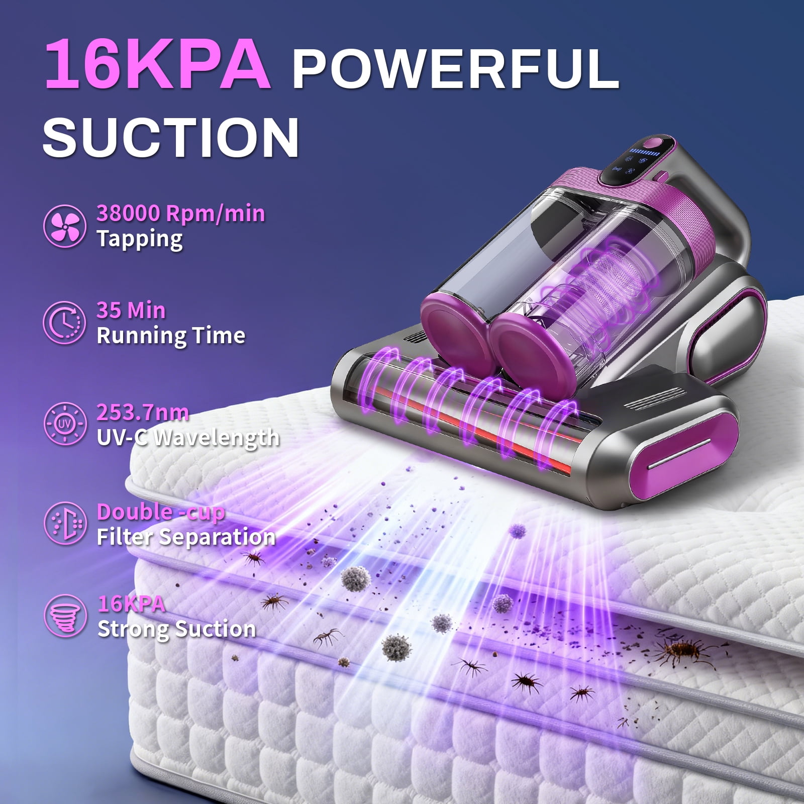 Cordless Mattress Vacuum Cleaner, 16kpa Bed Vacuum Cleaner with 253.7nm Uv-C Light & Ultrasonic Tech Dual Bins for Dust & Widen Suction Port 120w for Bed Sofa & Pet Hair(Purple)