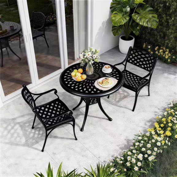 Cast Aluminum Patio Bistro Sets Outdoor Bistro Table and Chair Set of 2 with Umbrella Hole,3 Piece Patio Set All Weather Bistro Table Set for Garden,Black