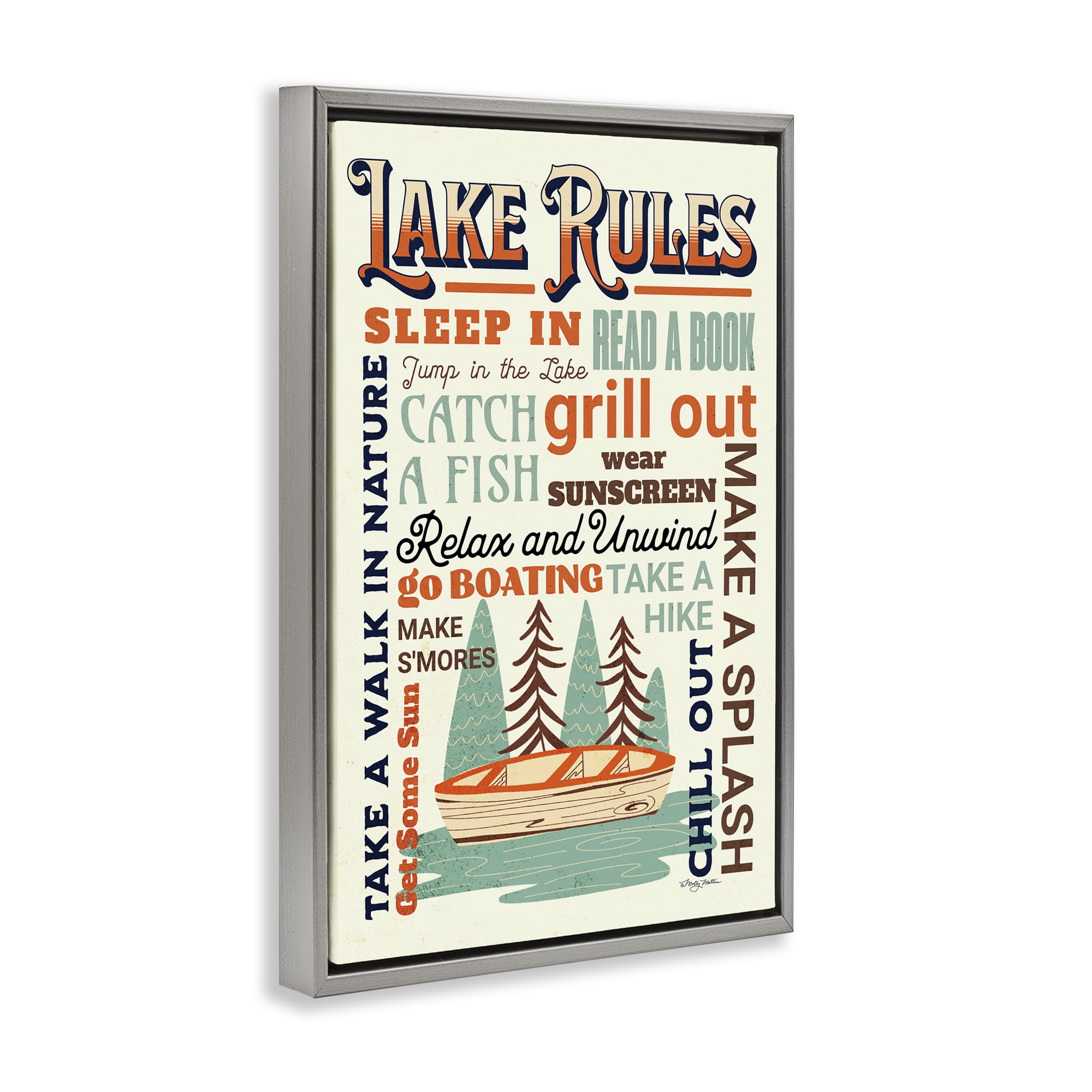 Stupell Industries Lake Rules Fun Activities Text & Numbers Painting Gray Floater Framed Canvas Art Print Wall Art, 17 x 25