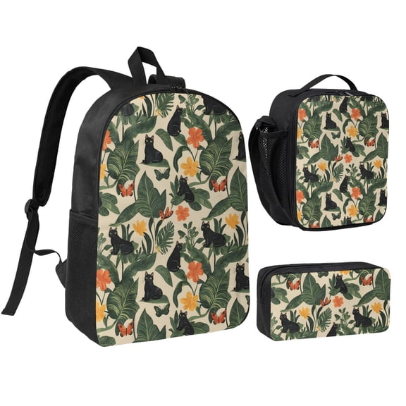 Tropical Black Cat Backpack Set 3pc ,Backpack with Lunch Bag and Bag 17 Inch