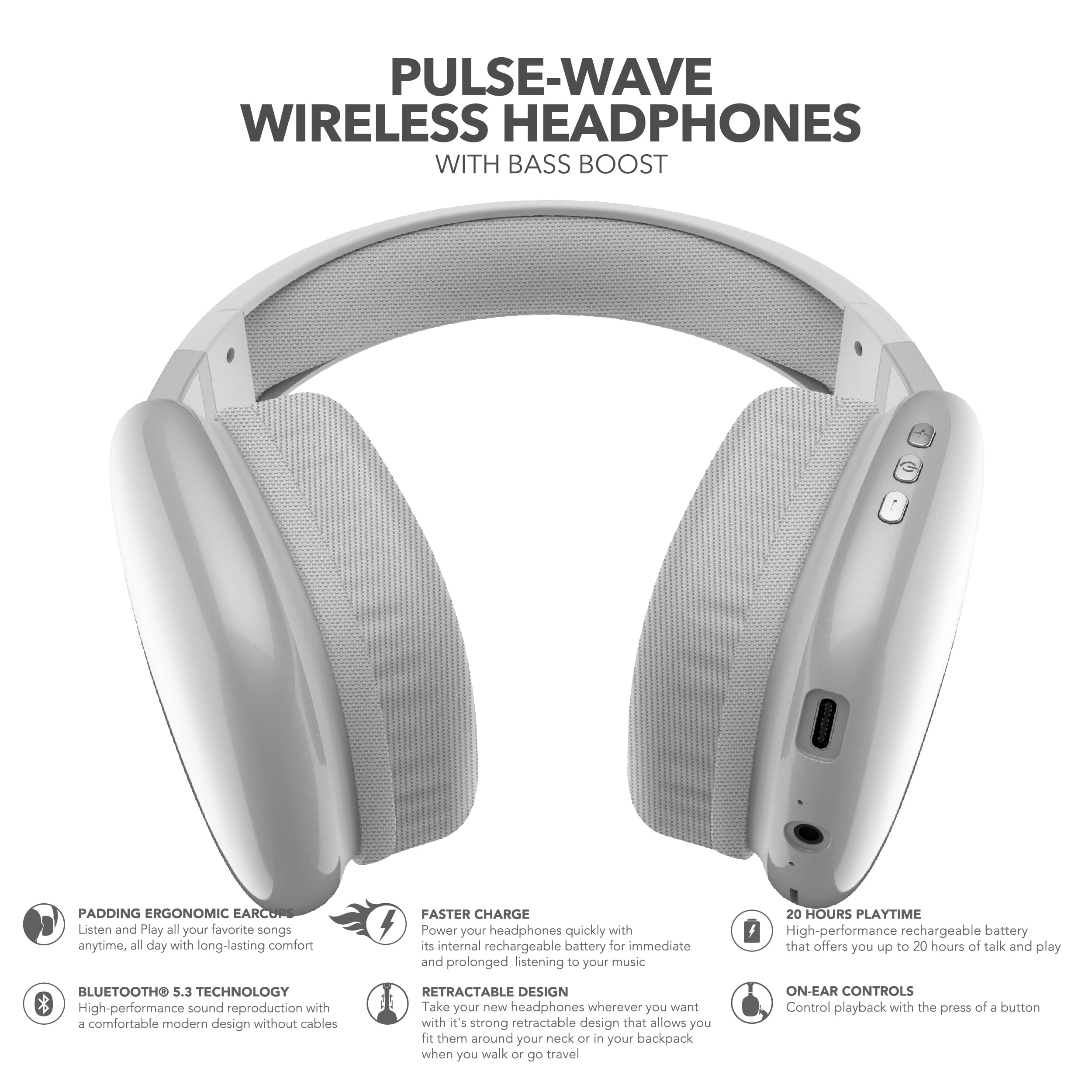 RCA Wave-56 Bluetooth Headphones, 40H Playtime, Hi-Res Audio, White