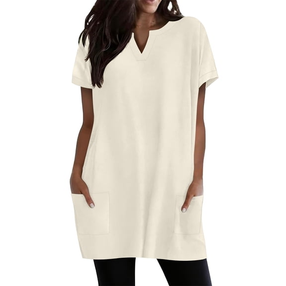 QASIEATN Women's Casual V Neck Short Sleeve Dress Loose Fit T Shirt Dress with Pockets Shirts for Women