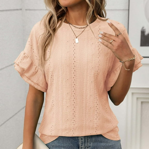 Munlar Summer Women Tops Trendy 2025 Orange Shirts Crew Neck Solid Color Ruffle Sleeve Loose Short Sleeve Blouses M
