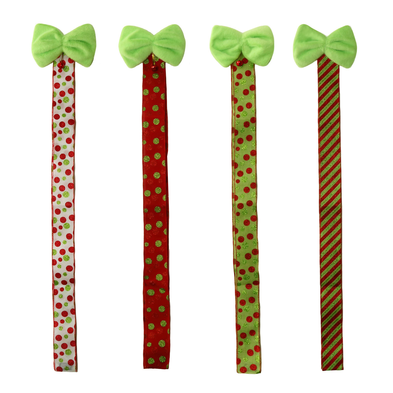 Dserfhy Green Christmas Cabinet Door Bows with Bell Plush Faux Fur Furry Bows with Dot/Striped Ribbon for Xmas Wreath Door Window Fireplace Staircase Indoor Decor
