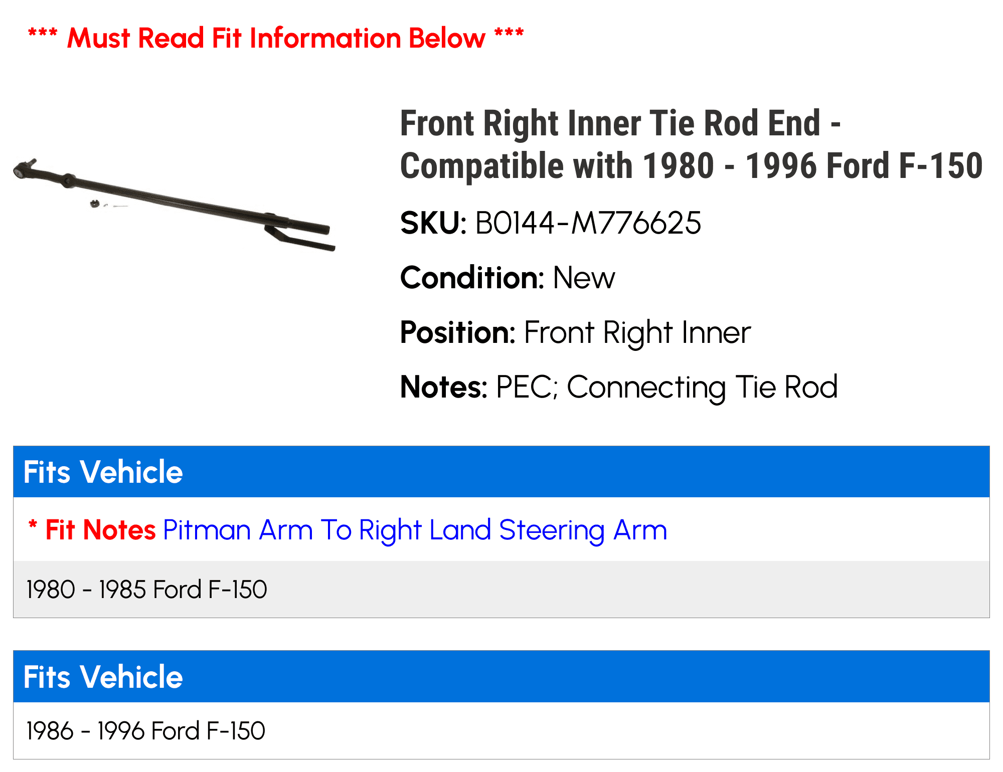 Front Right Inner Tie Rod End - Compatible with 1980 - 1996 Ford F-150 1981 1982 1983 1984 1985 1986 1987 1988 1989 1990 1991 1992 1993 1994 1995