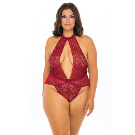 Plus Size Oh La La Cheri High-Neck Open-Back Lace Bodysuit 52-10716X Color: Rhubarb Size: 1X-2X