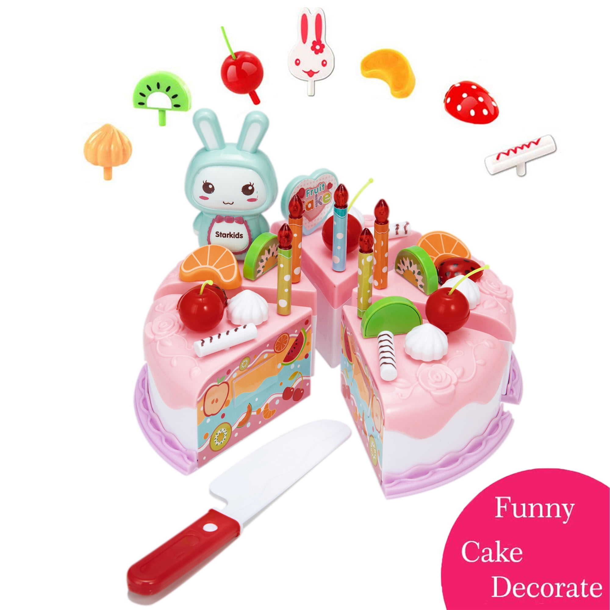 NK 37Pcs Plastic Cake Pretend Play Food Toy Set, DIY Birthday Cake Gift