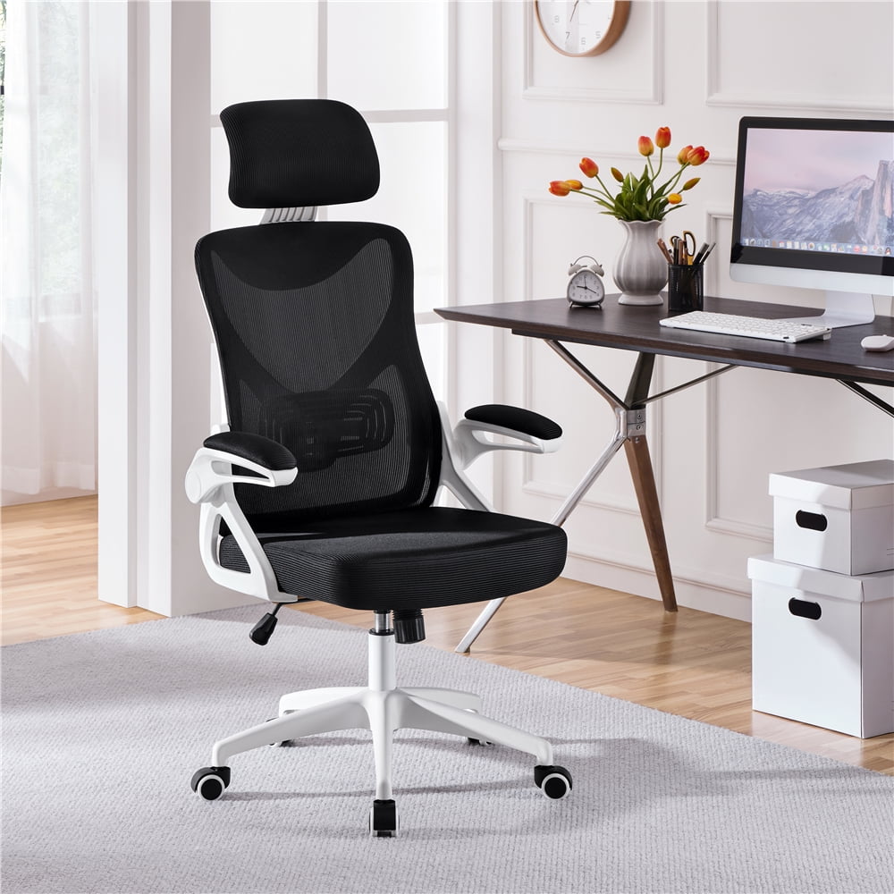 Yaheetech Adjustable High Back Mesh Office Chair with 90° Flip-up Armrest, White/Black