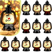 CF 12 Pcs Christmas Mini Snowman Lanterns Decorative with Flickering LED Candles Buffalo Plaid Bow Small Winter Portable Tabletop Centerpiece for Xmas Tree Indoor Outdoor Party Decor (Black)