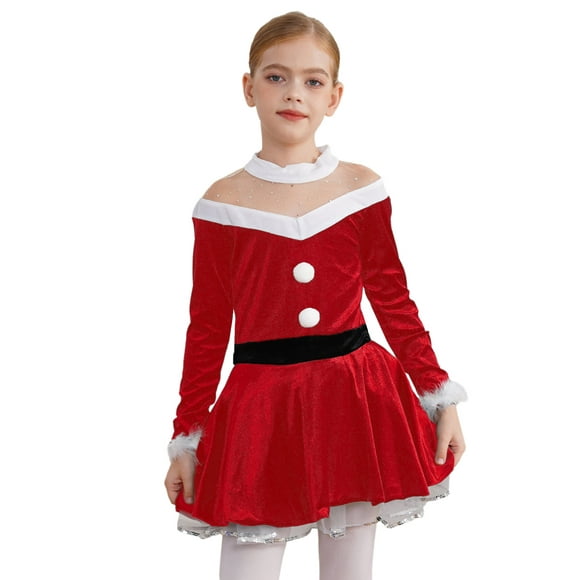 XUNZOO Kids Girls Christmas Dress Long Sleeve Velvet Autumn Winter Clothes Princess A-Line Party Dress Red 4