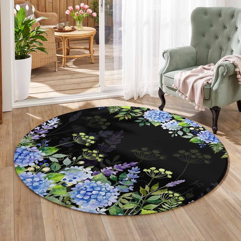 Blue Hydrangea Floral Round Area Rug Living Room 7ft, Wildflower Garden ...