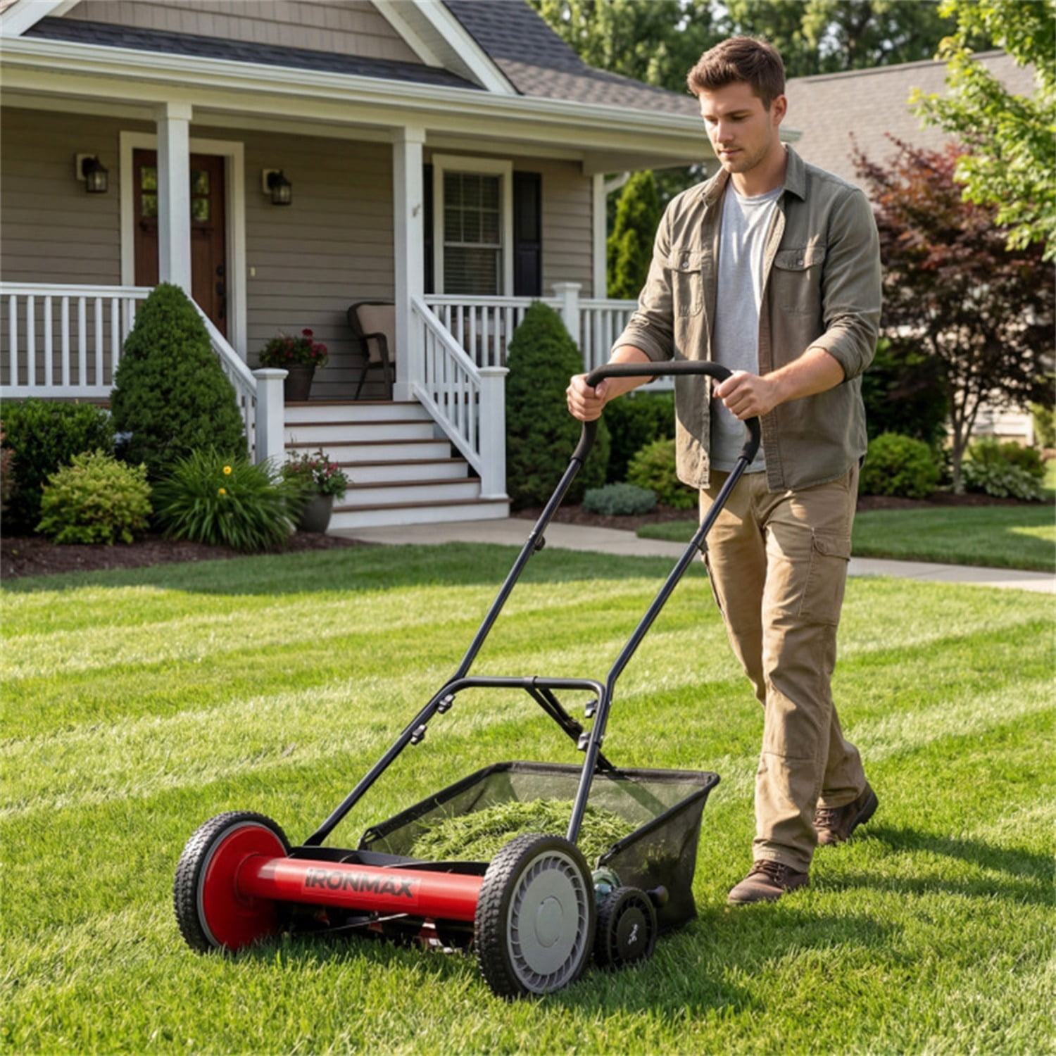 18-Inch 5-Blade Push Reel Lawn Mower with Grass Catcher, Manual Walk-Behind Mower with 4-Level Height Adjustment - Red