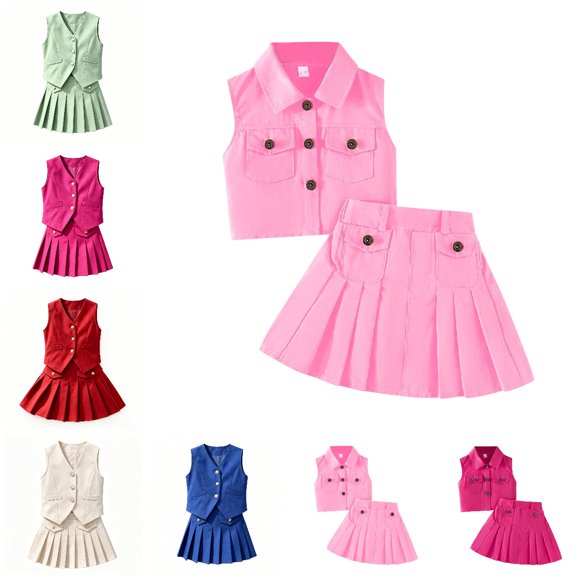 LIIPEE Girls Outfit Sets Casual Summer Stylish Solid Ciolor Sleeveless Lapel Button Down Pockets Denim Tops Pleated Skirt 2 Piece Set Kids Comfortable Breathable Cute Clothing,Pink,5-6 Years