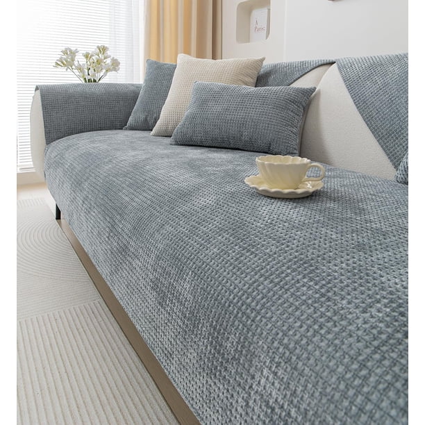 Nvzi Farmhouse Plaid Chenille Couch Sofa Cover Super Soft Plush Sectional Couch Covers Anti-Slip Solid Sofa Slipcover for Dogs, Children, Pets Furniture Protector (Light Grey,28x28)