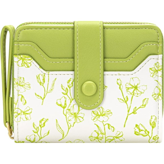 Womens Wallet, RFID Flowers Wallet for Women, Small Bifold Zipper Around Coin Pocket Cute Ladies Purse (Lime Green)