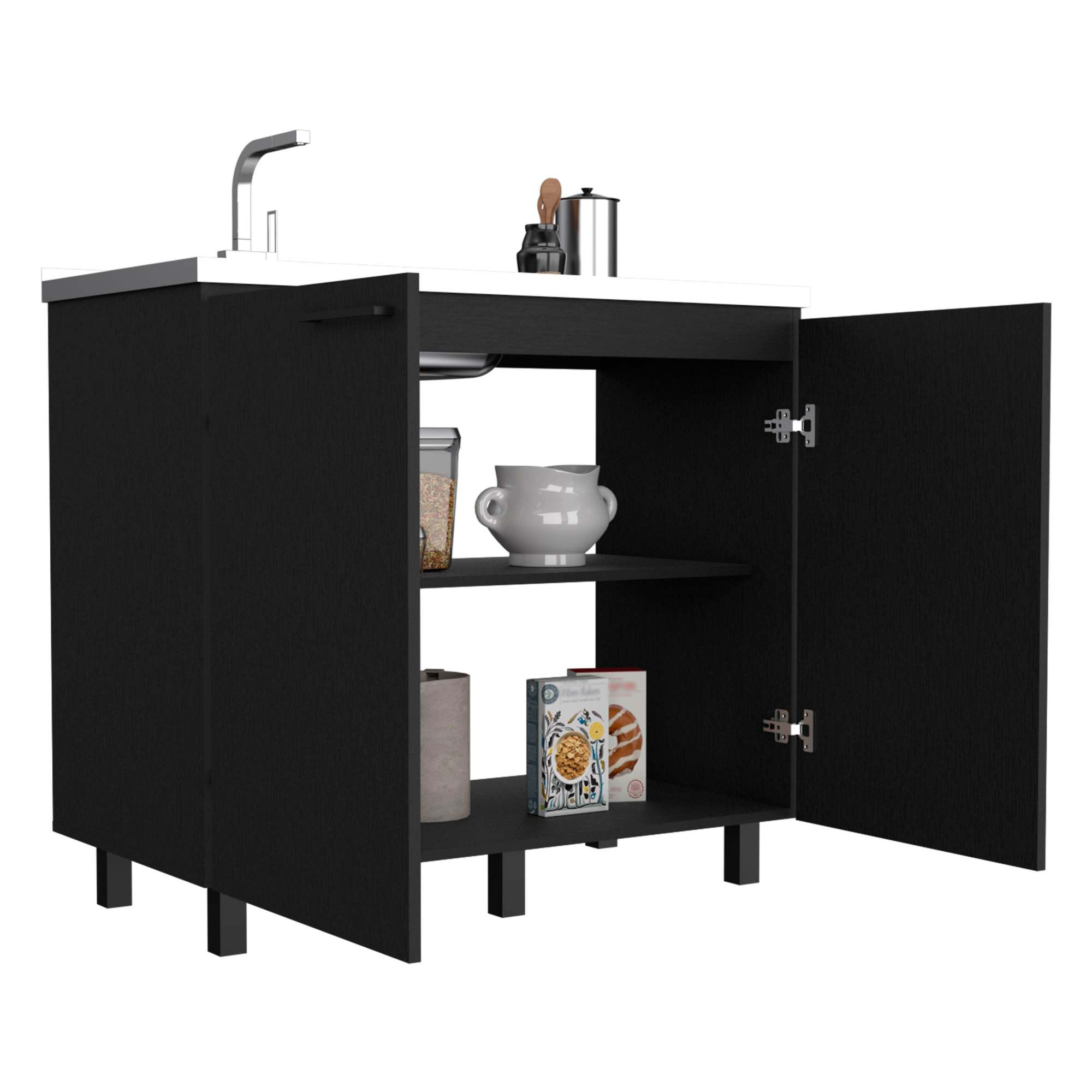 Newboti Furniture Napoles 2 Utility Sink with Cabinet, Stainless Steel Countertop, Interior Shelf-Black 32360