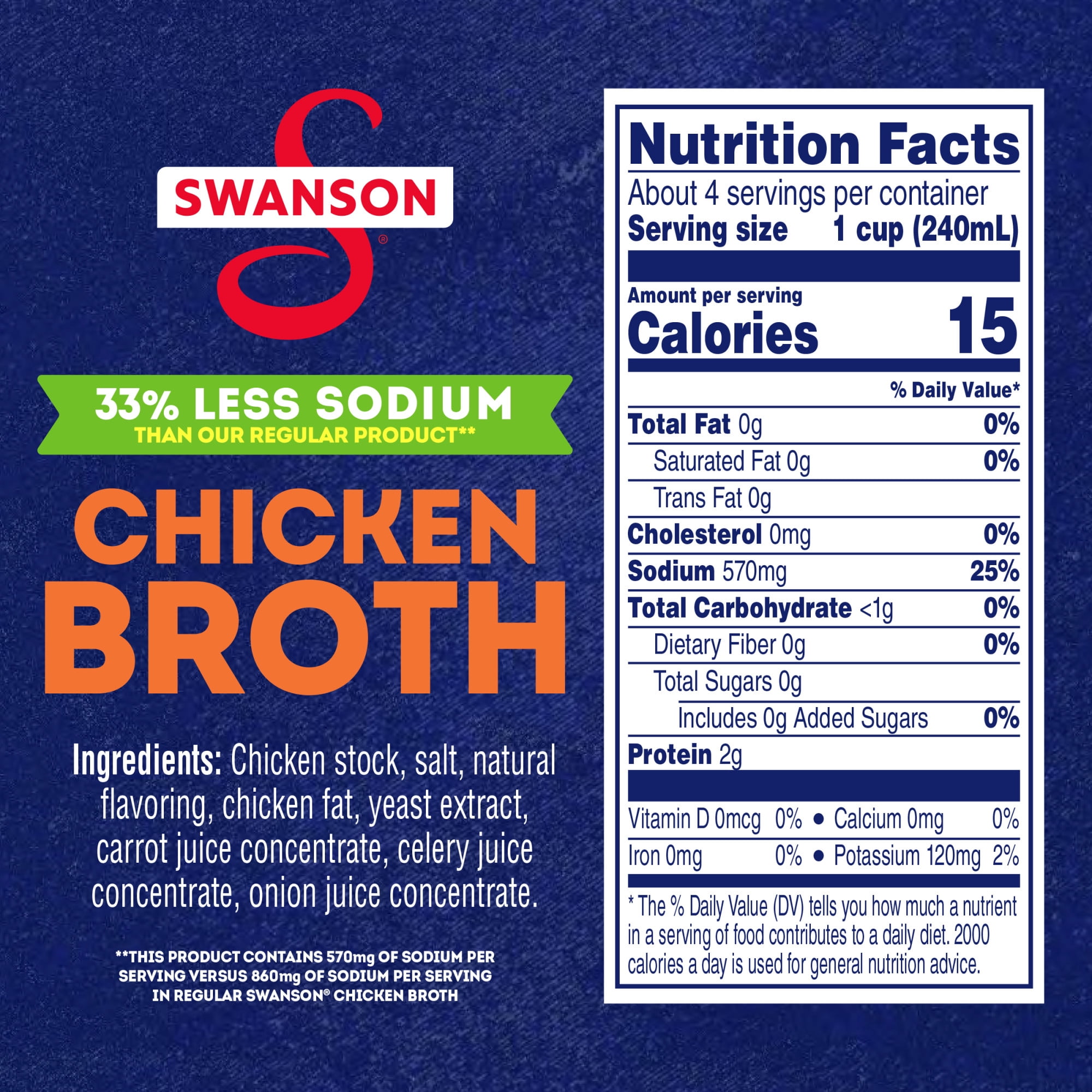 (12 pack) Swanson 33% Less Sodium Chicken Broth, 32 oz Carton