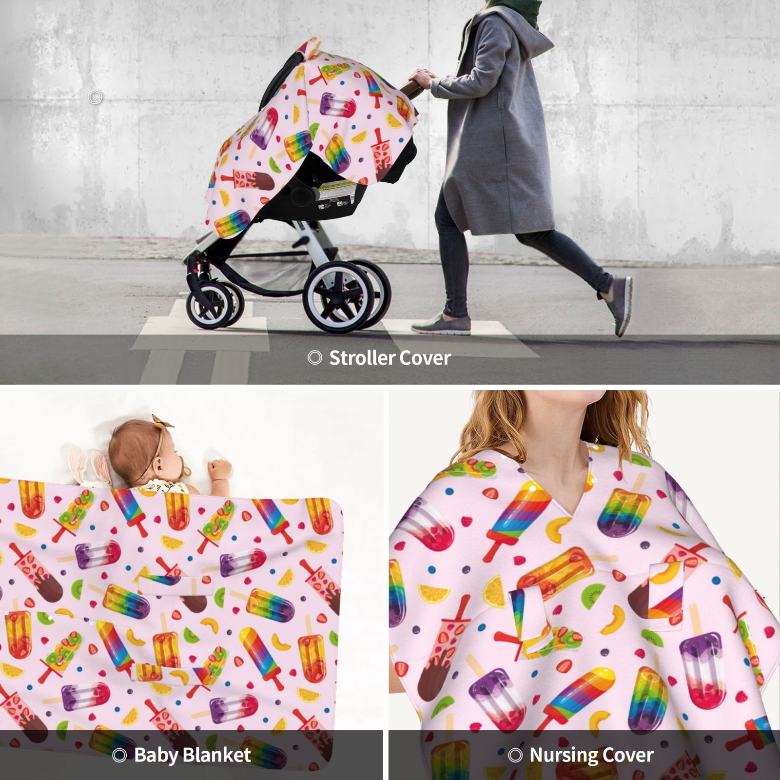 Car Seat Cover Baby - cartoon Popsicle Breathable Infant Car Seat Cover for Baby Carseat, Lightweight Comfort Baby Essentials Must Haves Newborn Stuff for Girl Boy