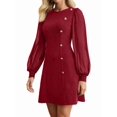 thumbnail image 3 of Women'S Spring Round Neck Button Detail Slim Fit Long Sleeve Solid Color Dress Midi Wine Red S, 3 of 8