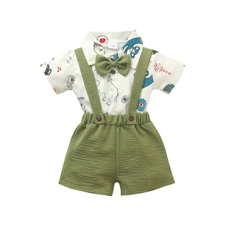

Qufokar mas Home Clothes Baby Organic Clothes Kids Boy Outfits Clothes Short Sleeve Cartoon Prints Bow Tie Romper Shorts Pants Set Suspenders