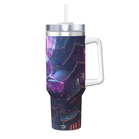 

Gaeub Neon Buddha Cityscape Print Stainless Steel Hot/Cold Coffee Cup 40oz Ice Bully Cup With Handle And Straw Travel Coffee Cup