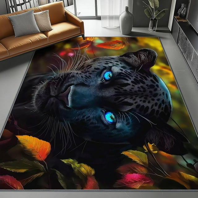 Area Rugs 3 X 5 ft Rug for Living Room Soft Non Slip Rug Low Pile Animals Leopard Autumn Leaves Nature Printed Area Rugs Bedroom Farmhouse Dining Room, Home Decor Indoor Black Colorful