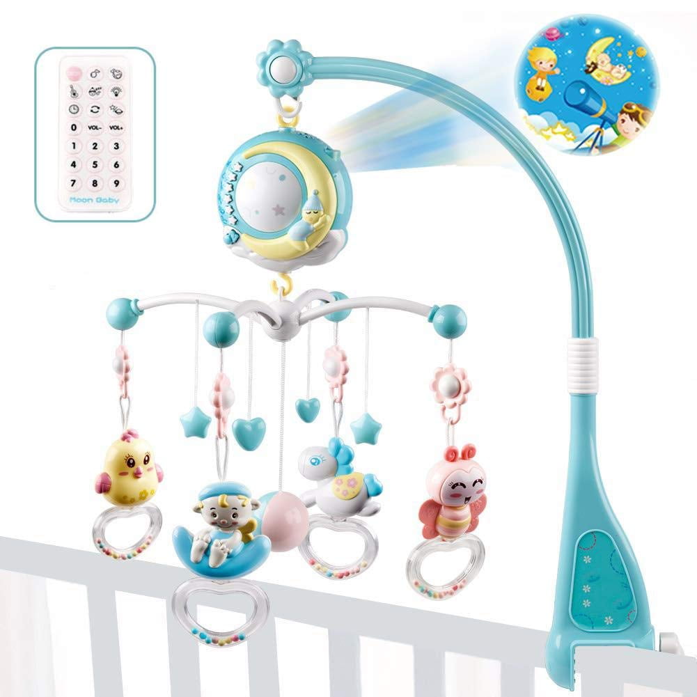 AJAMQ Baby Musical Crib Mobile with Lights Music Bluetooth Remote Control Rotating Musical Cot Mobiles with Projector Hanging Rattles Musical Toys for Newborn,Green