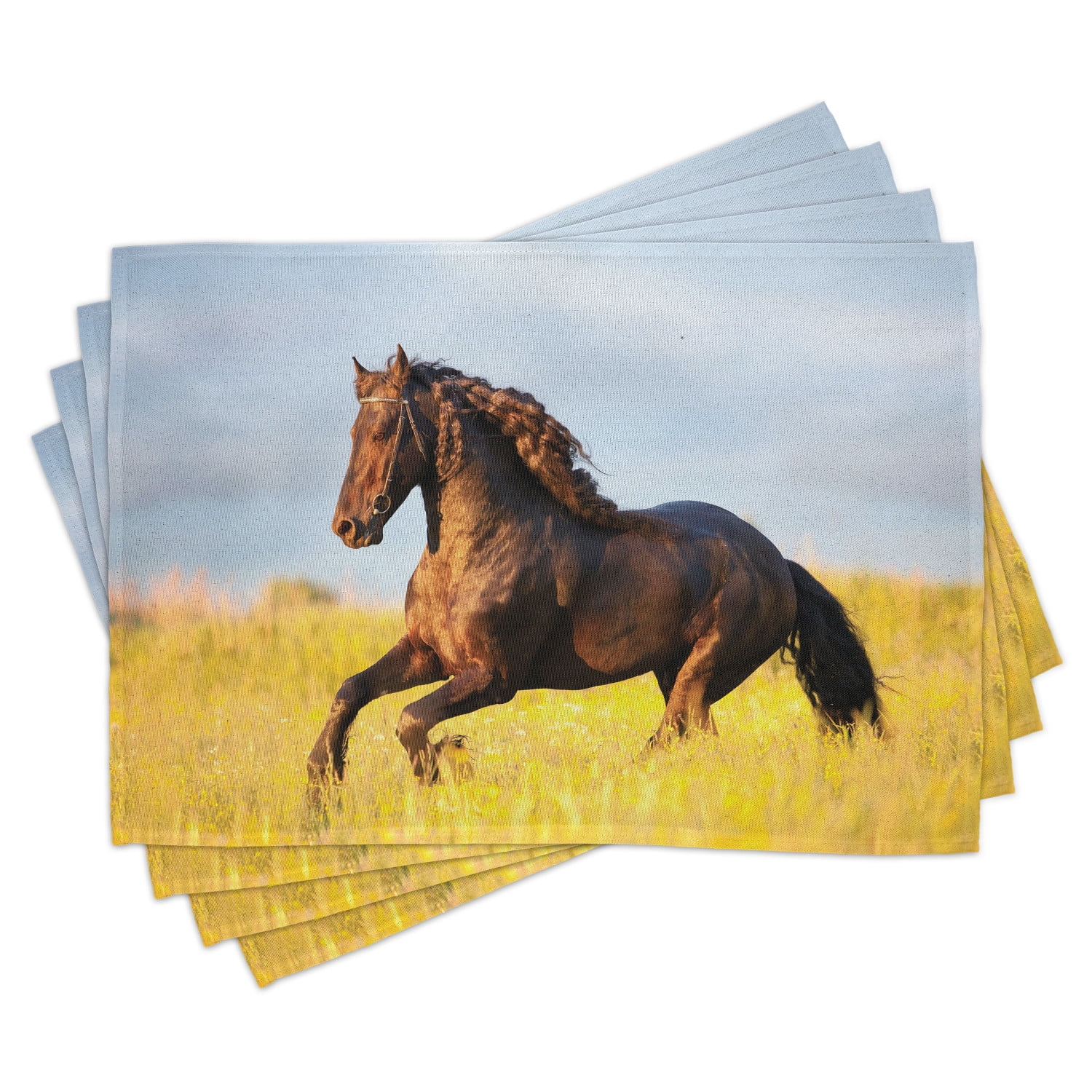 Horses Placemats Set of 4 Friesian Horse with Mane Gallops in Meadow