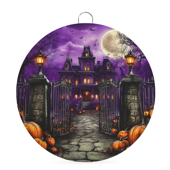 Welcome Sign Front Door Decorations, Halloween Round Wall Art Outdoor Metal Wreaths, Spooky Pumpkins Ghost Castle Vintage Moonlight Seasonal Hanging Sign for Home Porch Decor Warming Gift 6 In