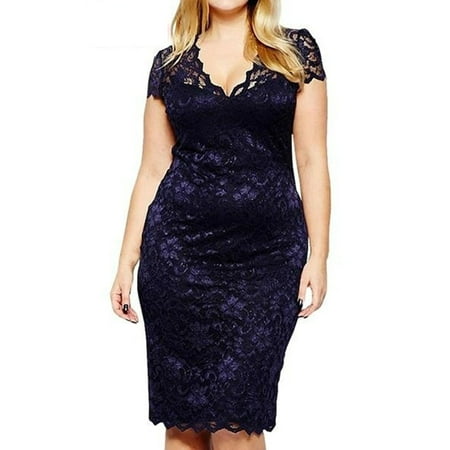 Knee Deep Black Lace - Women's Lace Sheath Dresses Knee Length V Neck Dresses Plus Size