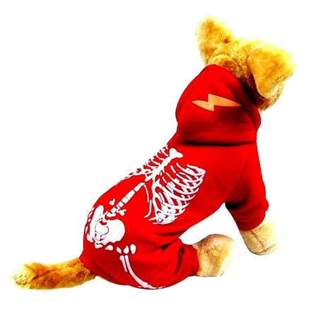 HDE Skeleton Pet Halloween Costume Red One Piece Outfit with Skeleton Print and Hood Pattern Dog Hoodie (Red, Small)