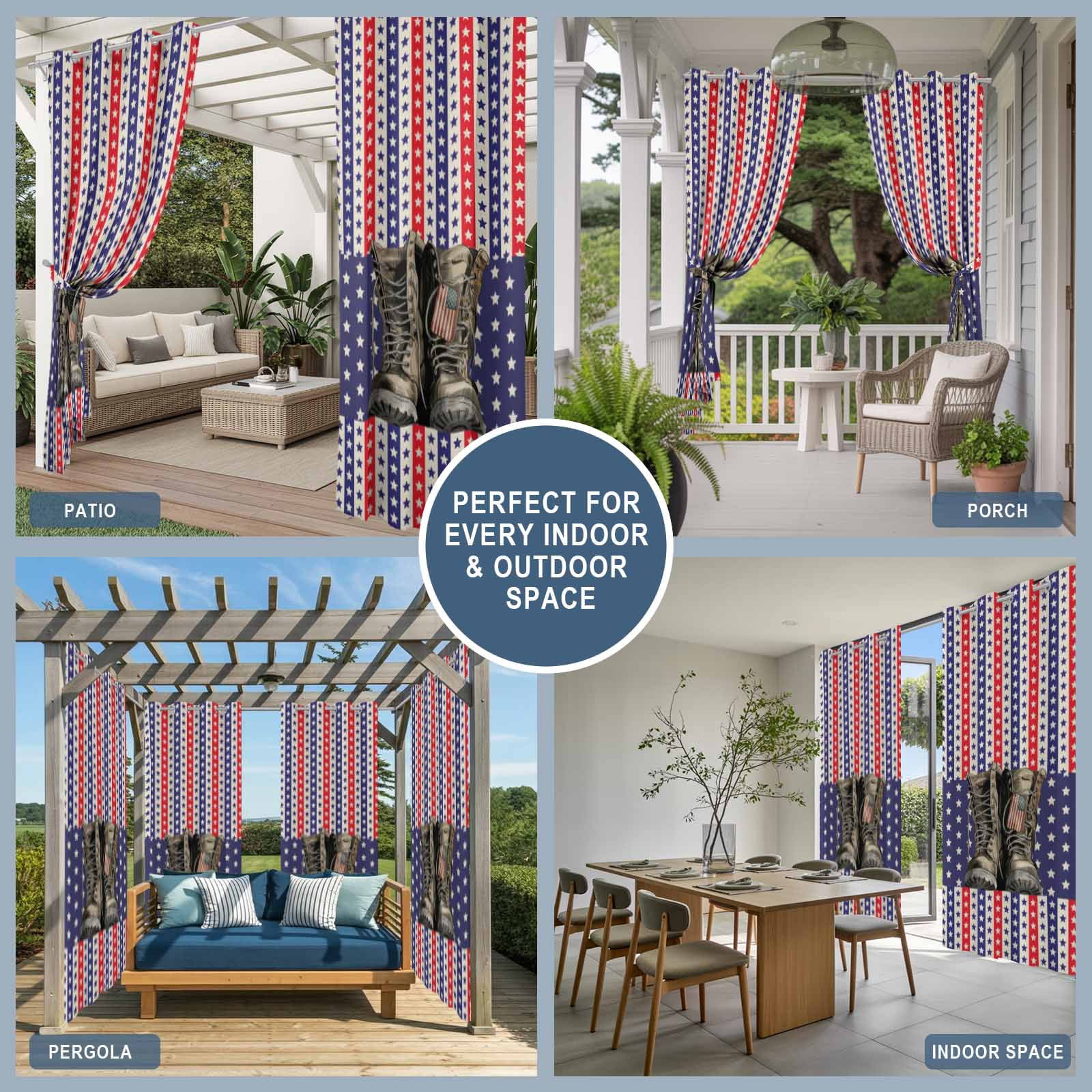 Independence Day Outdoor Curtains for Patio, Retro Boots American Red Blue Stripe Stars Sunshade Privacy Drapes Grommet Waterproof Outside Curtains for Porch/Cabana/Balcony 54"x 108", 1 Panel