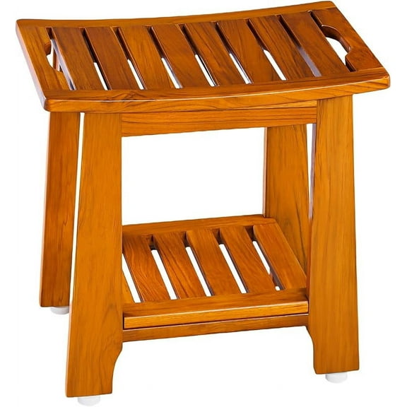 18" Standard Teak Shower Bench with Shelf & Handle - Waterproof, Non-Slip Bath Stool, 300 lbs Capacity - Fits Standard Tubs/Showers & Outdoor Use (Patented)