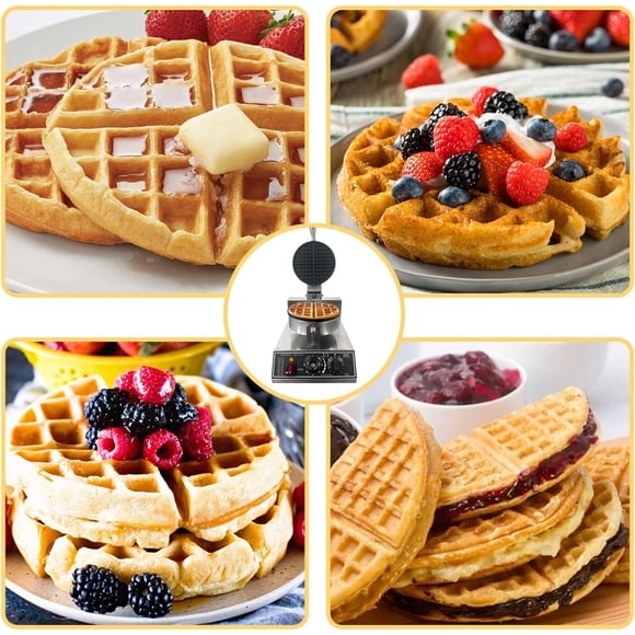 EastVita Commercial Waffle Maker,1200W Stainless Steel Nonstick Round Waffle Iron with 122℉ to 572℉ Temp Range & Time Control,for Household Bakeries Snack Bar,Black