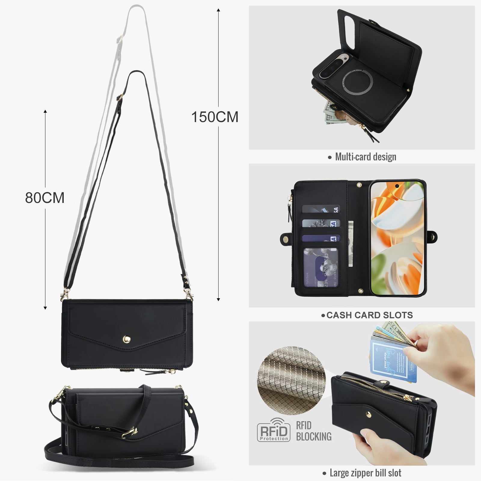 Designed for Google Pixel 8 Multi-Function Wallet Phone Case,With Shoulder Strap&Wrist Strap,Cash Pocket&Card Slots,Zipper Purse,Magnetic Detachable PU Leather Flip Phone Case,Black