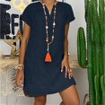 thumbnail image 1 of Qucoqpe - Vestido playero informal de lino de talla grande para mujer, de verano, color liso, cuello en V, manga corta, recto, para playa y sol, en oferta, 1 of 5