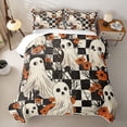 thumbnail image 2 of Homewish Halloween Spooky Animal Quilt Full, Checkered Flower Full Bedspread Sets, Black White Orange, 3 Pieces 1 Bedspread and 2 Pillowcases, 2 of 7