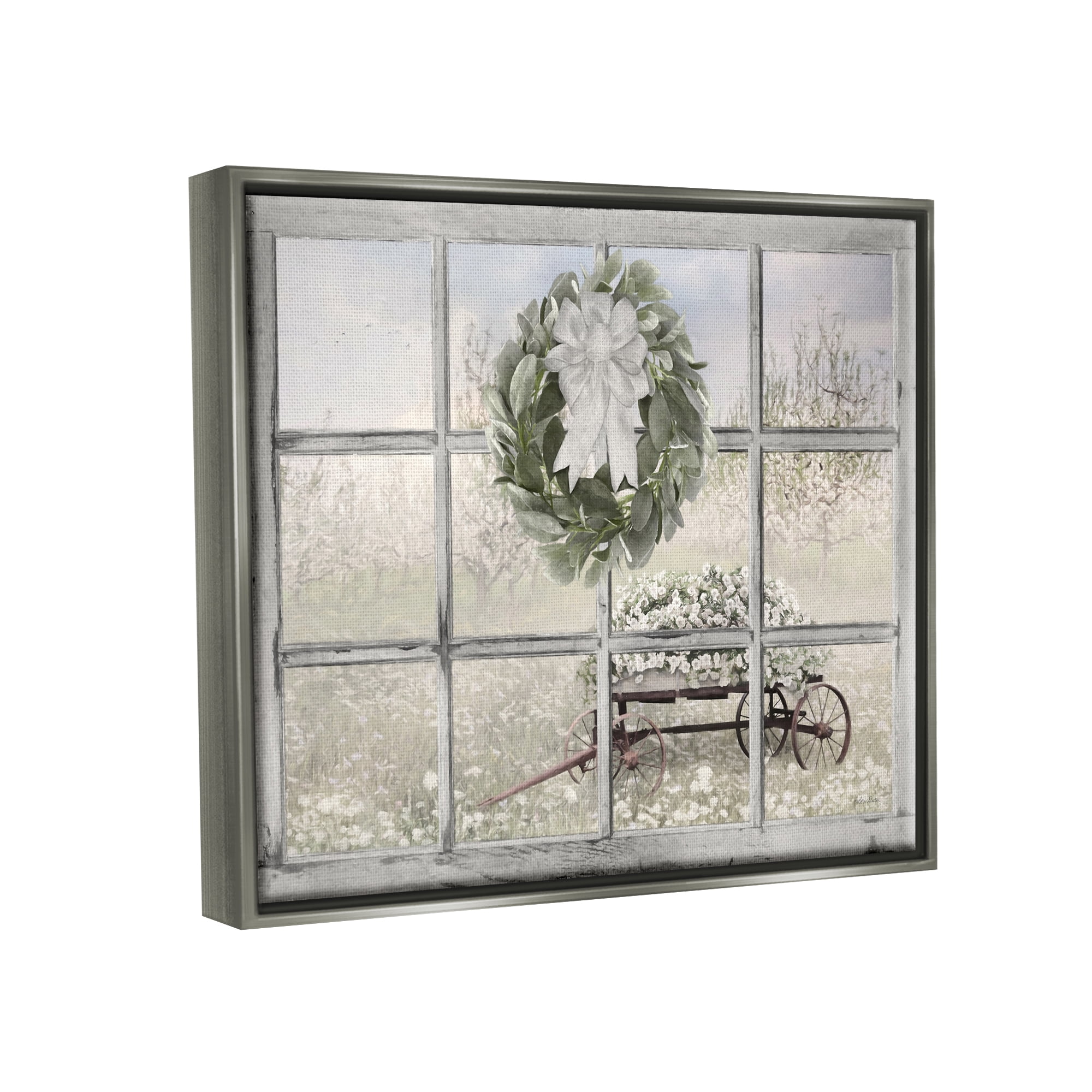 Stupell Rustic Meadow Floral Wagon Landscape Painting Gray Floater Framed Art Print Wall Art