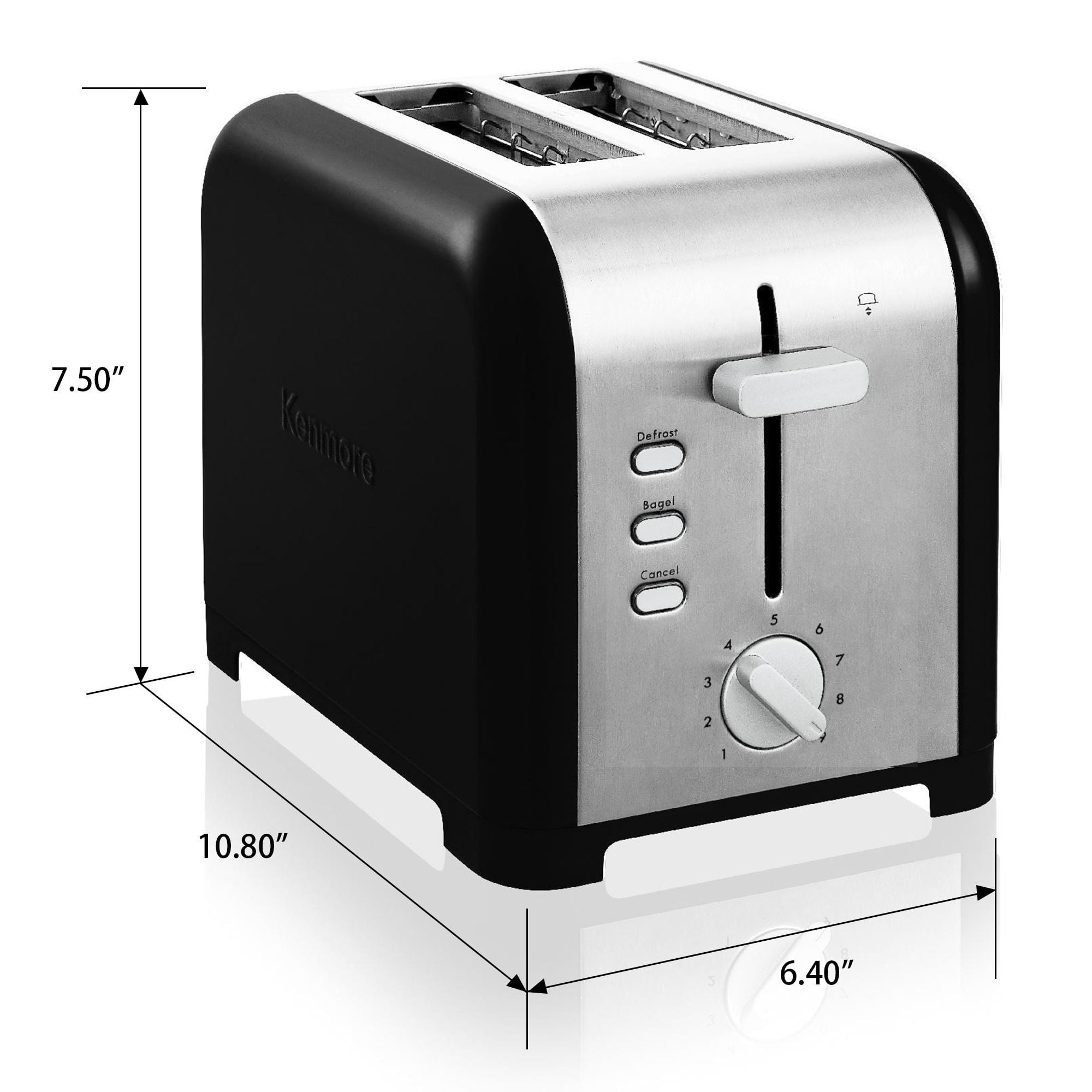 Kenmore 2-Slice Stainless Steel Toaster, Black and Silver, Extra Wide Slots, Bagel Defrost Functions, 9 Browning Levels, Removable Crumb Tray, For Bread, Toast, English Muffin, Toaster Strudel