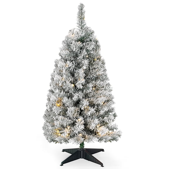 A 3-foot-long flocked artificial Christmas tree with 50 warm white LED lights and 11 lighting modes is used for indoor holiday decoration.