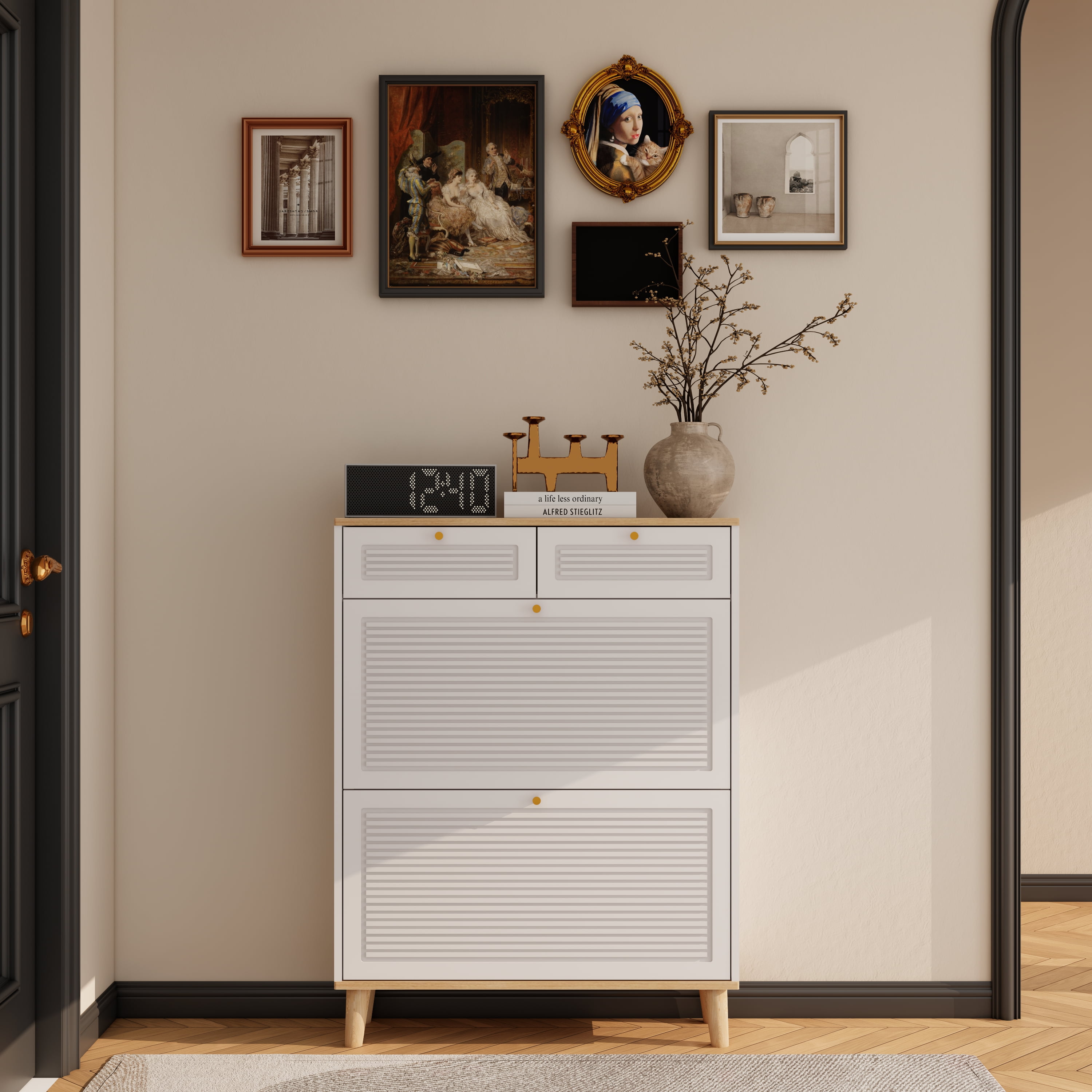 Miniyam Shoe Cabinet, Flip Down Shoe Rack with Drawers for Entryway, White