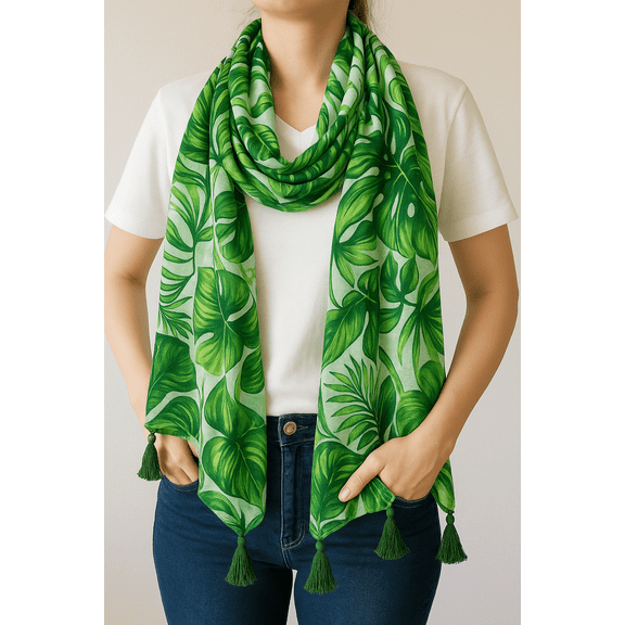 Womens Cozy Tassels Oblong Cotton Scarf Lightweight Shawls Wrap (Tropical Leaf/Green)