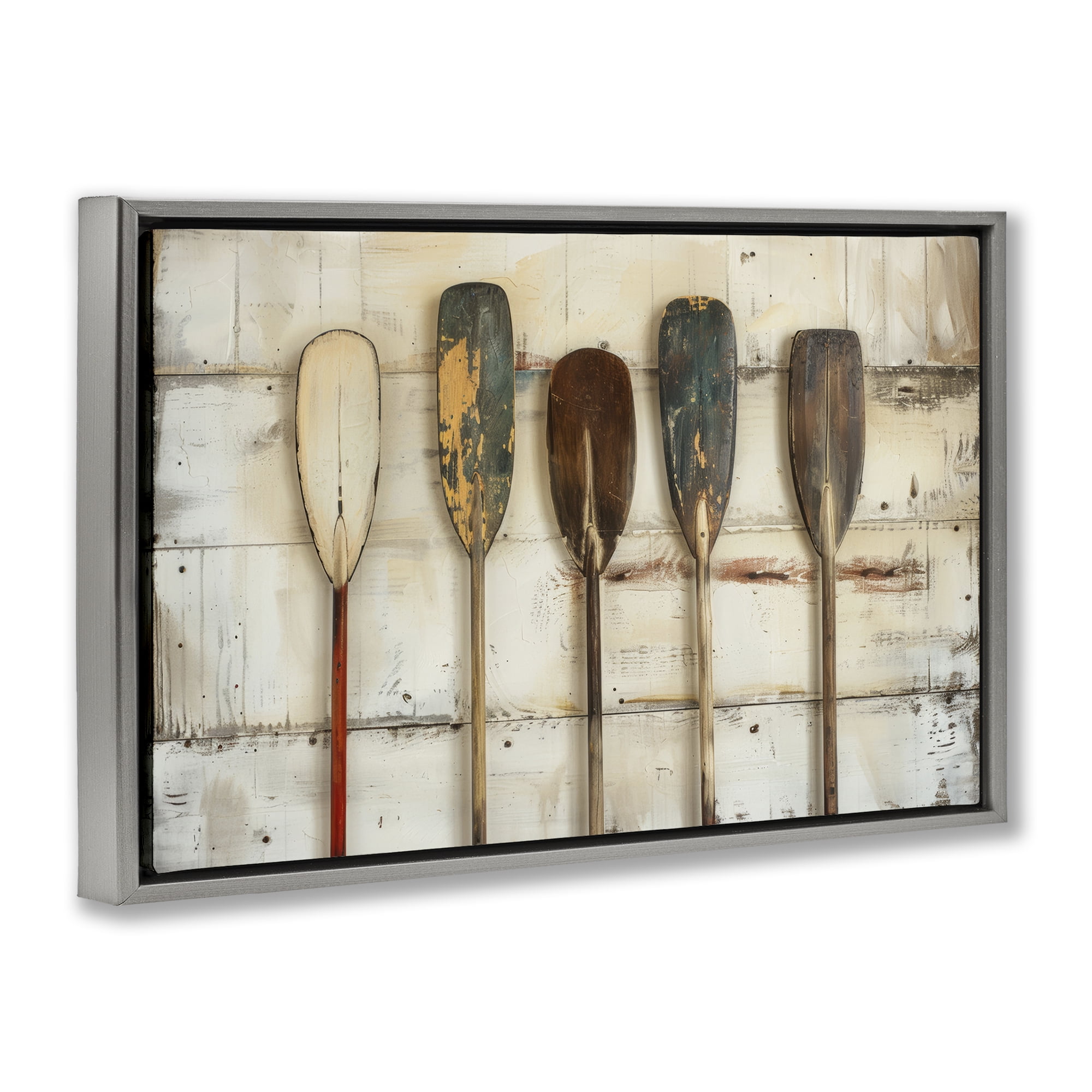 Stupell Industries Rustic Oar Lineup Nautical & Beach Painting Gray Floater Framed Canvas Art Print Wall Art, 25 x 17