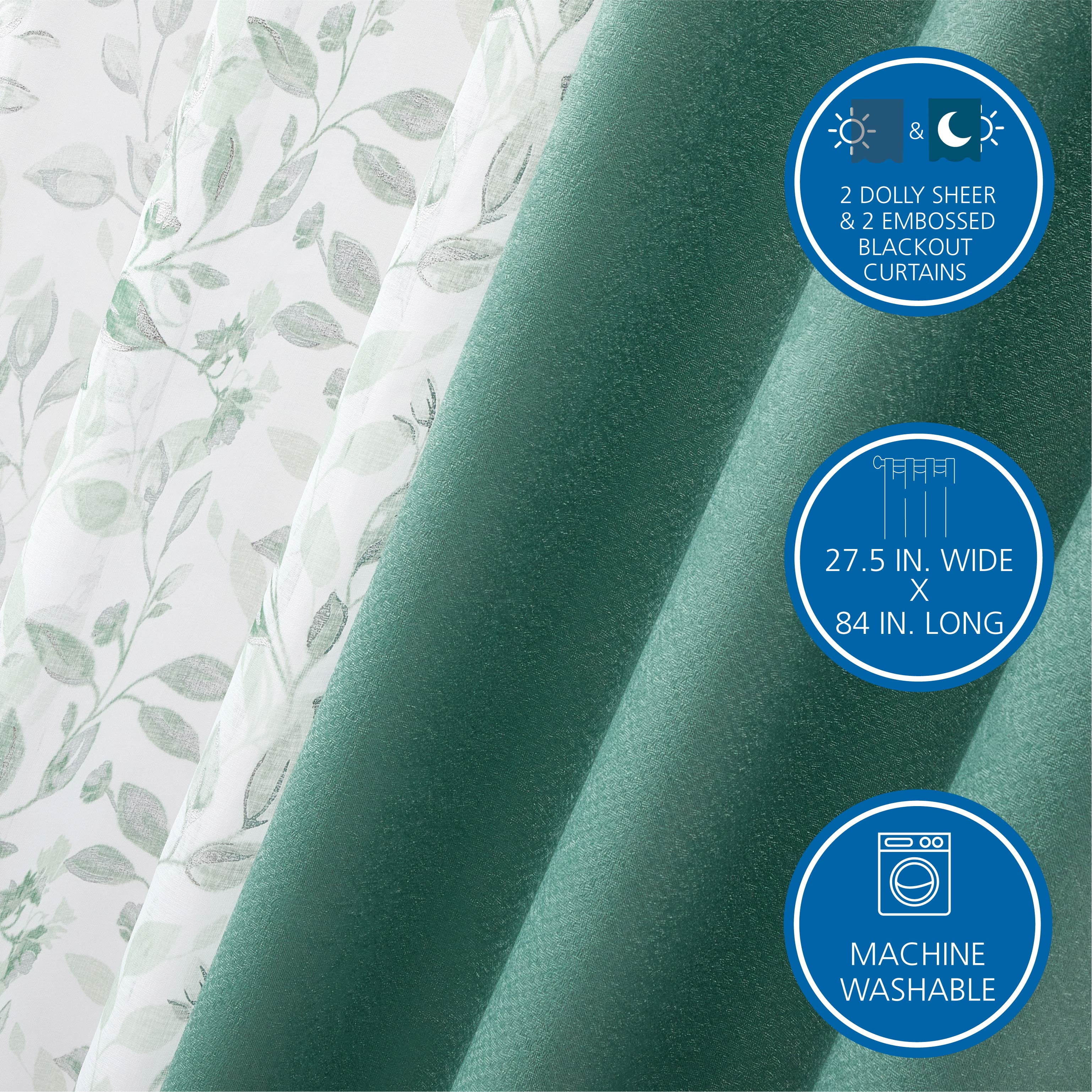 (2 pack) Mainstays Metallic Blackout Curtains and Sheers Set, 4 Panels, Green Sage, 27.5" W x 84” L