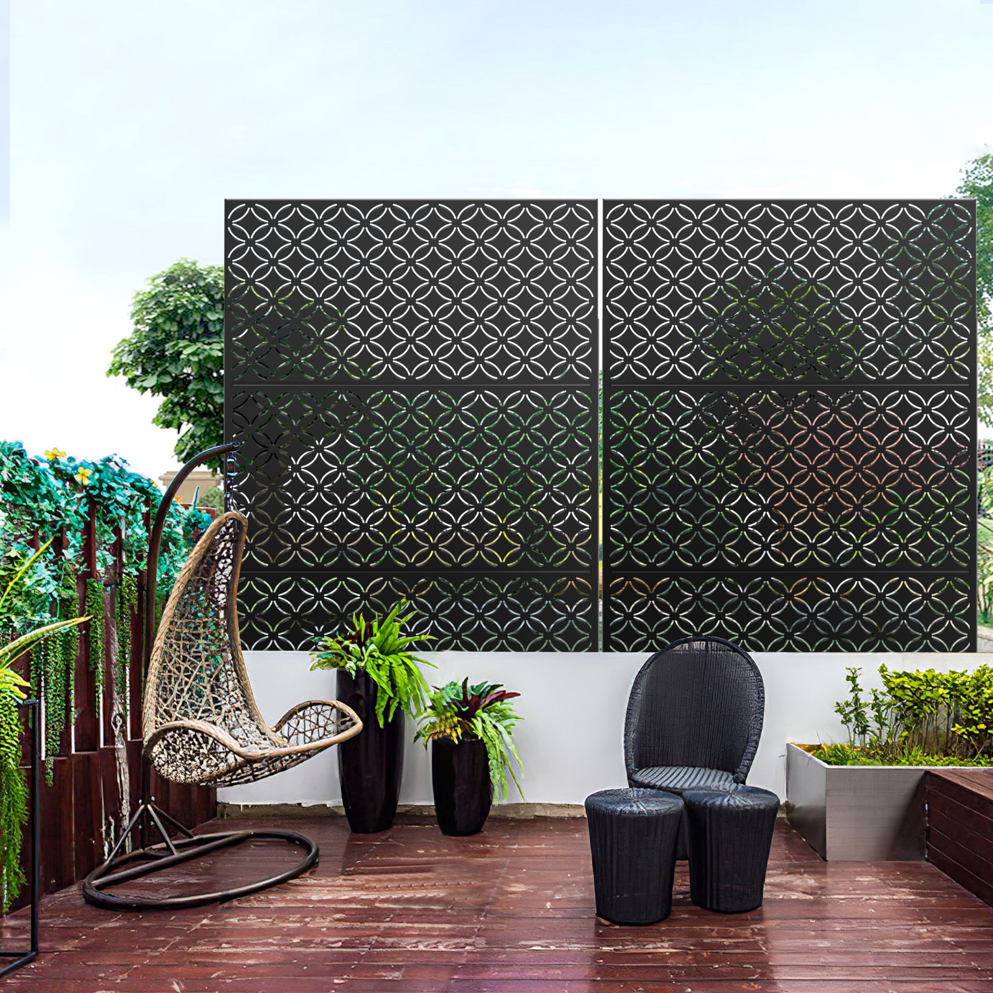 MAYEERTY 72×47" Outdoor Black Metal Privacy Panel Screen for Backyard & Garden, Coin Pattern