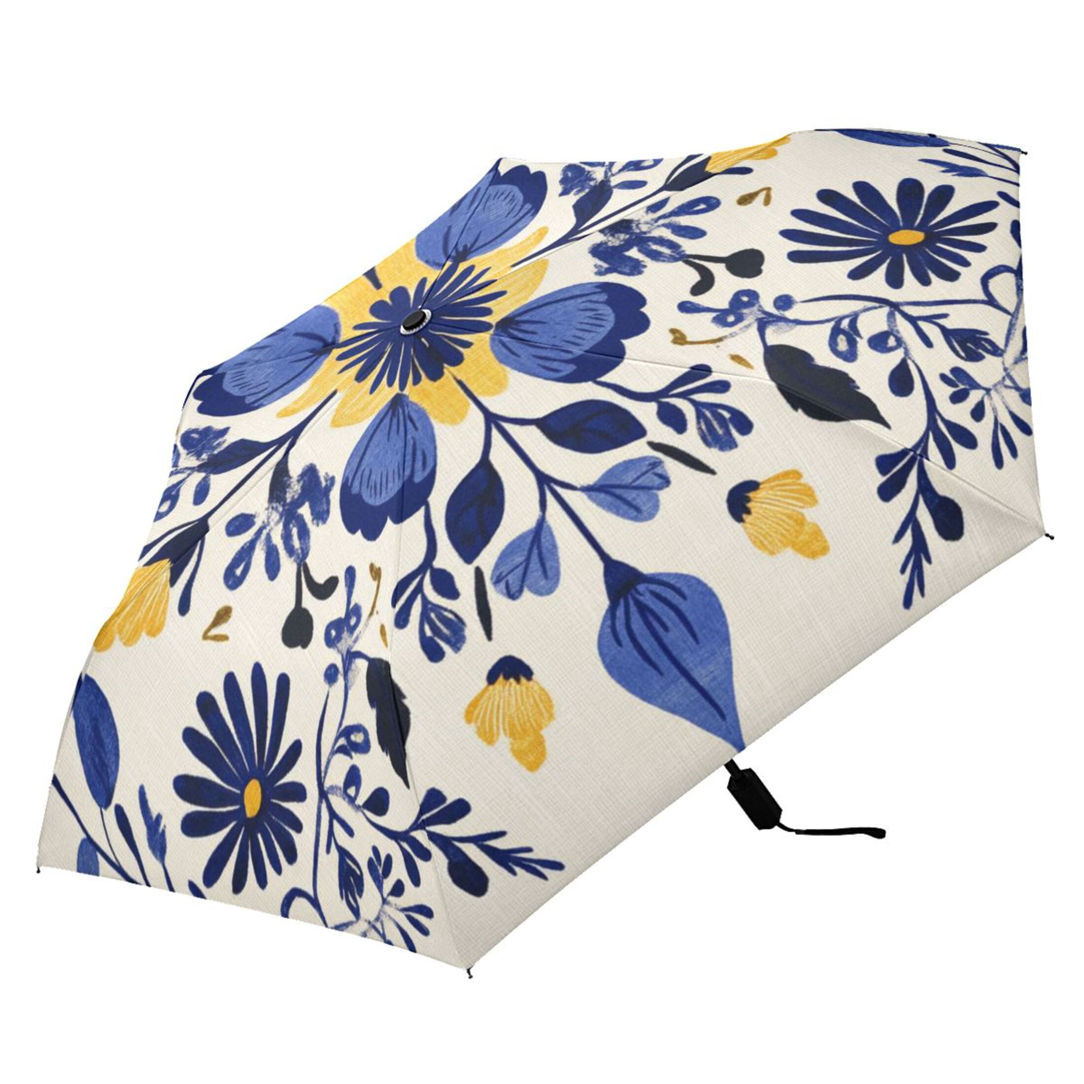 Dark Blue and Yellow Flowers Symmetrical All Weather Umbrella Triple Folding Parasol 6 Ribs UV Protection Portable