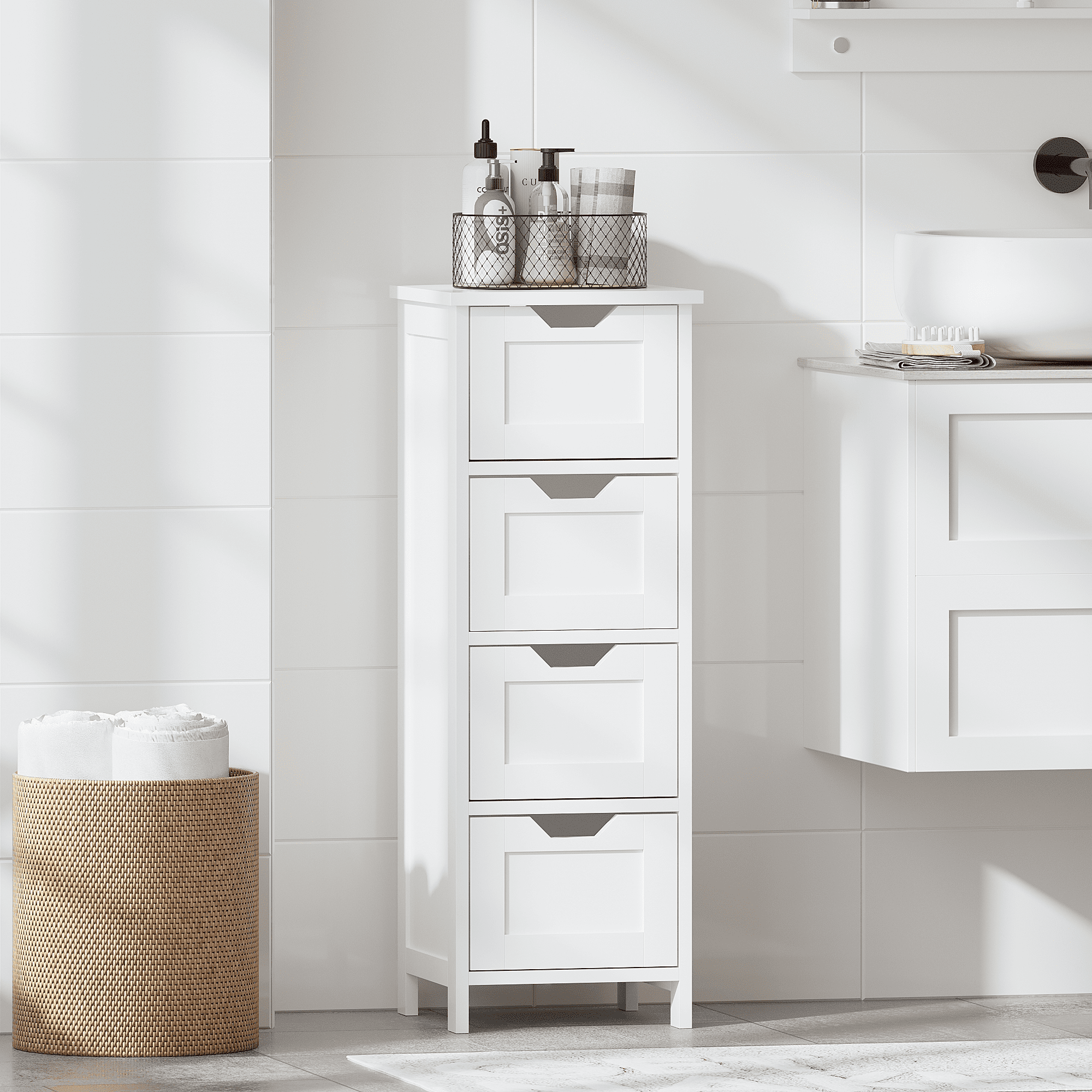 Mintazer Bathroom Floor Cabinet with 4 Drawer, Freestanding Wooden Storage Organizer for Bathroom & Hallway, White
