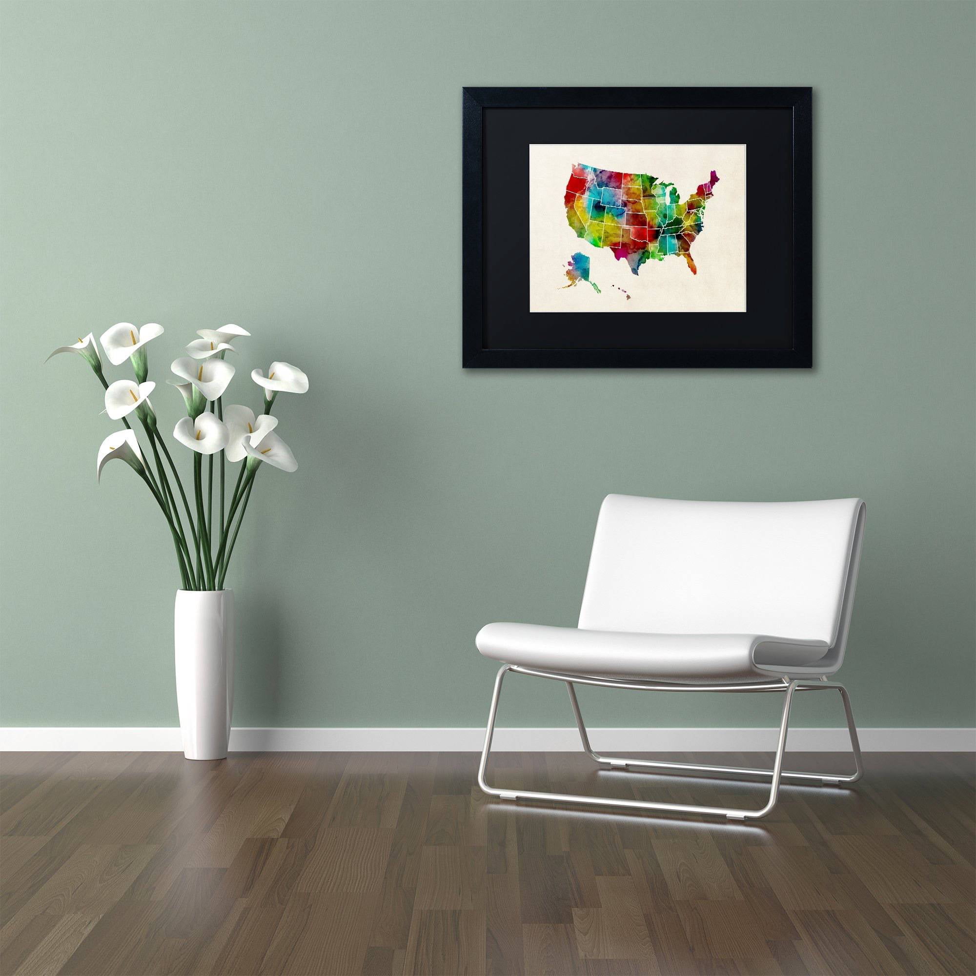 Trademark Fine Art 'United States Watercolor Map 2' Canvas Art by Michael Tompsett, Black Matte, Black Frame