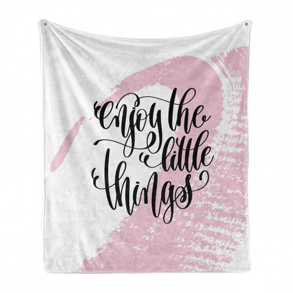 Enjoy the Little Things Soft Flannel Fleece Throw Blanket, Calligraphy Words Color Smear Backdrop, Cozy Plush for Indoor and Outdoor Use, 70" x 90", Pale Pink White, by Ambesonne
