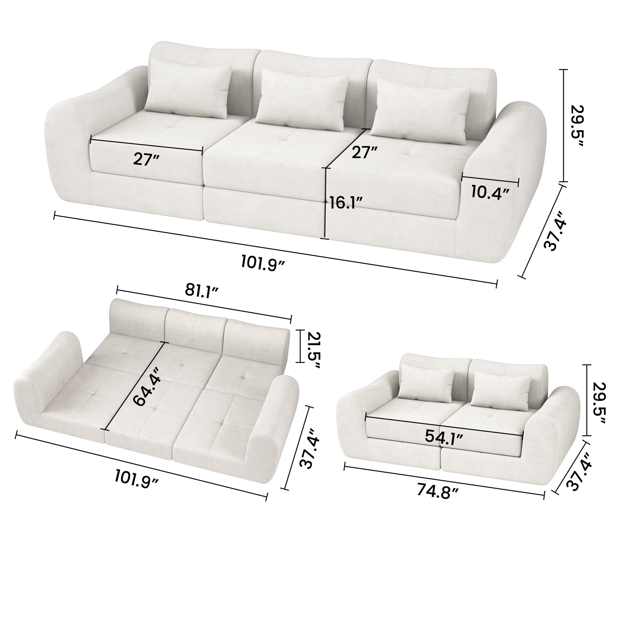 102" Cloud Sofa, 4-in-1 Folding Sofa Bed, Floor-Standing Boneless Couch, Futon Sofa Bed for Living Room, Bedroom and Entertainment Room(White)